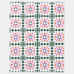 Modern Geometric Quilt Block Pattern Green Purple  Fleece Blanket