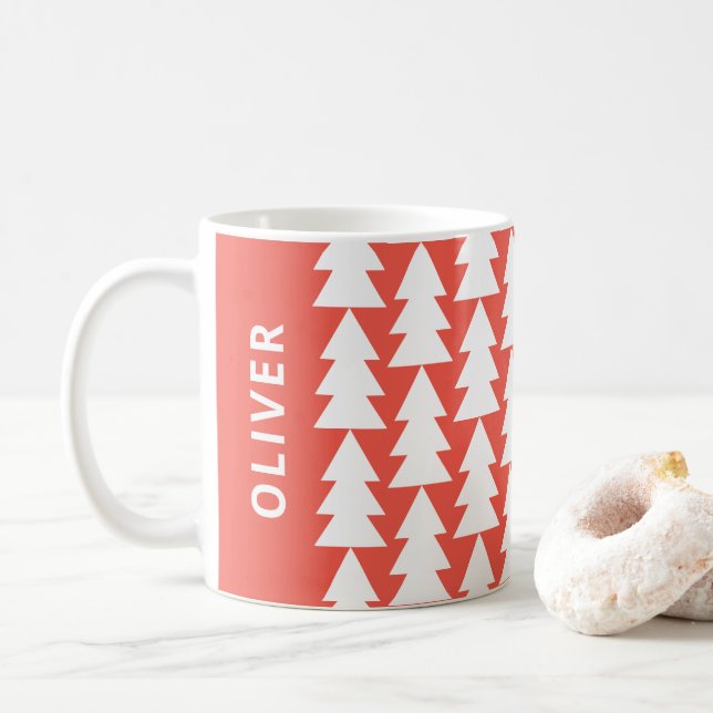 Modern geometric red family Christmas tree Coffee Mug (With Donut)