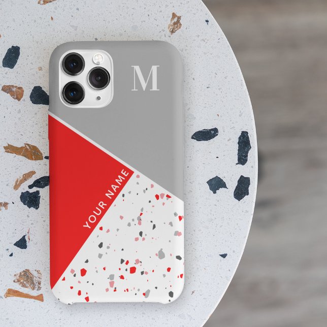 Modern Geometric Red Grey Terrazzo Monogram Case-Mate iPhone Case (Creator Uploaded)