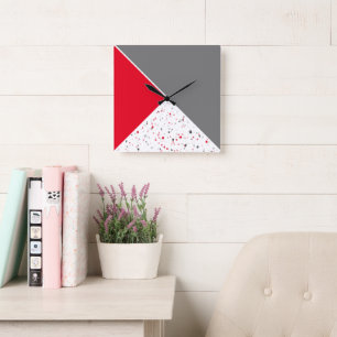 Modern Geometric Red Grey Terrazzo Pattern Square Wall Clock