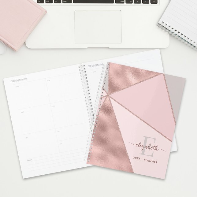 Modern Geometric Rose Gold Blush Gray Monogram Planner (Creator Uploaded)