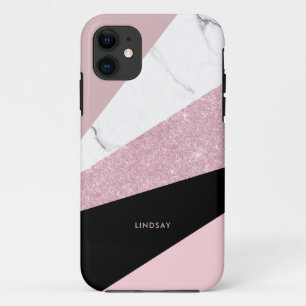 Modern geometric rose gold glitter white marble  iPhone 11 case