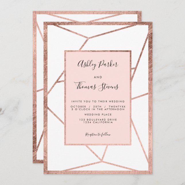 Modern geometric rose gold terrarium blush wedding invitation (Front/Back)