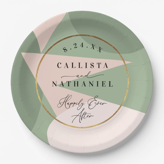 Modern Geometric Sage Green Dusty Pink Wedding Paper Plate (Front)