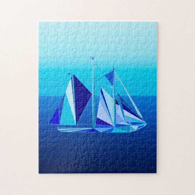 Modern Geometric Sailboat / Yacht, Cobalt Blue Jigsaw Puzzle (Vertical)