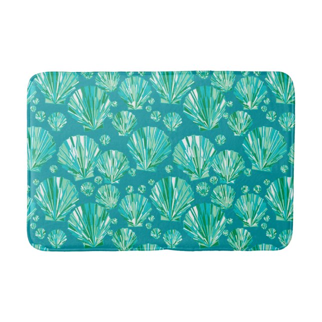 Modern Geometric Seashells, Aqua and Turquoise Bath Mat (Front)