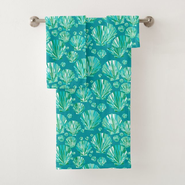 Modern Geometric Seashells, Aqua and Turquoise Bath Towel Set (Insitu)