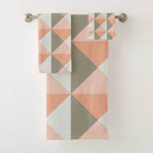 Modern Geometric Shapes Pattern Coral Peach Grey Bath Towel Set