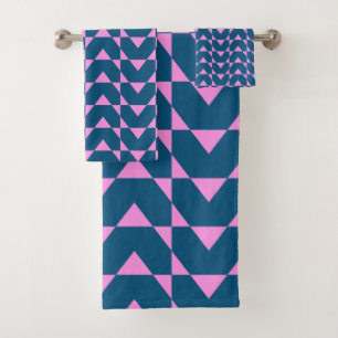 Modern Geometric Shapes Pattern in Blue and Pink Bath Towel Set