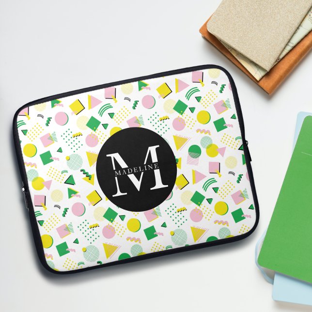 Modern Geometric Shapes Pattern Monogram Name Laptop Sleeve (Creator Uploaded)