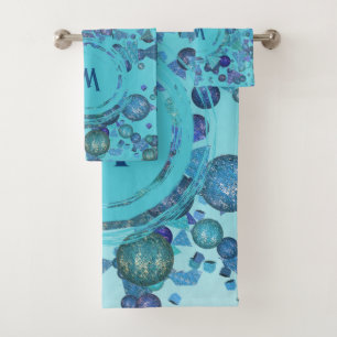 Modern geometric shapes with monogram in blue bath towel set