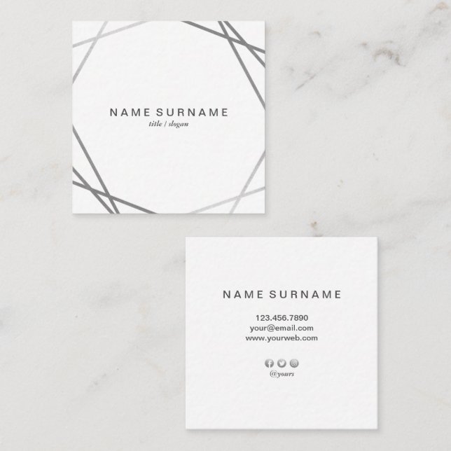 Modern Geometric Silver Square Business Card (Front/Back)