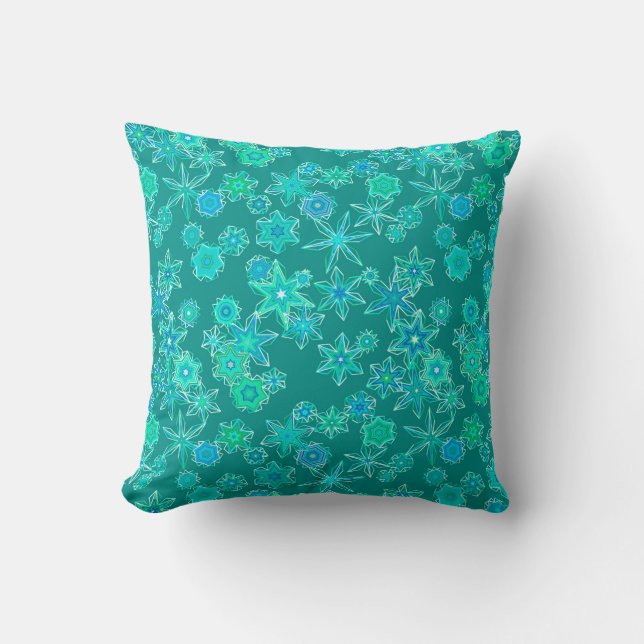 Modern Geometric Snowflakes, Turquoise and Aqua Throw Pillow (Front)