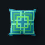 Modern Geometric Squares, Aqua, Teal, Lime Green Throw Pillow<br><div class="desc">Square pillow in a retro modern pattern of interlocking squares,  in light aqua,  jade green,  and light lime green,  on a turquoise / teal blue background</div>