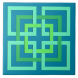 Modern Geometric Squares, Aqua, Teal, Lime Green Tile<br><div class="desc">Ceramic tile in a retro modern pattern of interlocking squares, in light aqua, jade green, and light lime green, on a turquoise / teal blue background</div>