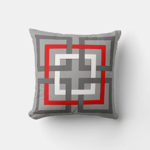 Modern Geometric Squares, Grey, Red and White Throw Pillow