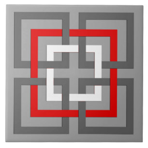Modern Geometric Squares, Grey, Red and White Tile