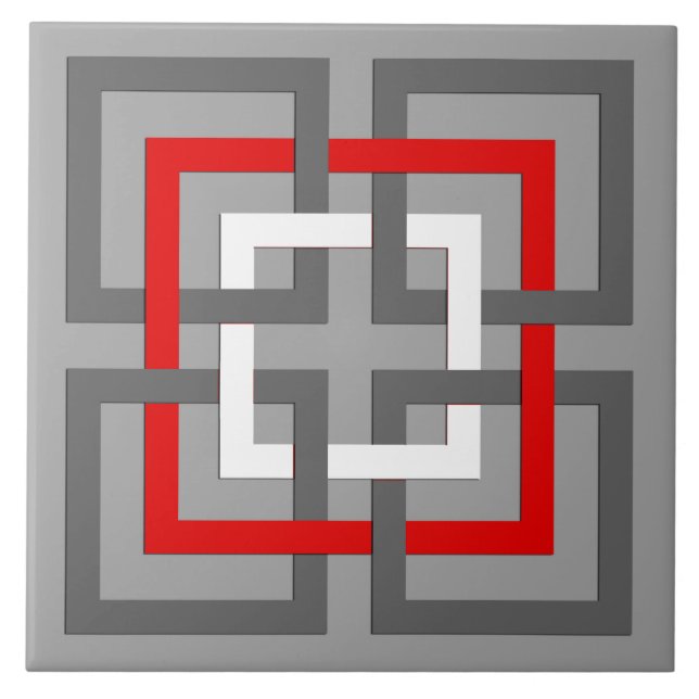 Modern Geometric Squares, Grey, Red and White Tile (Front)