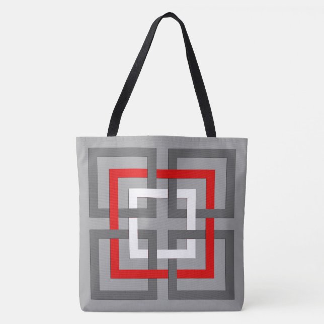 Modern Geometric Squares, Grey, Red and White Tote Bag (Front)