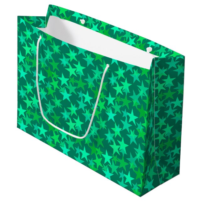 Modern Geometric Stars, Emerald and Mint Green Large Gift Bag (Front Angled)