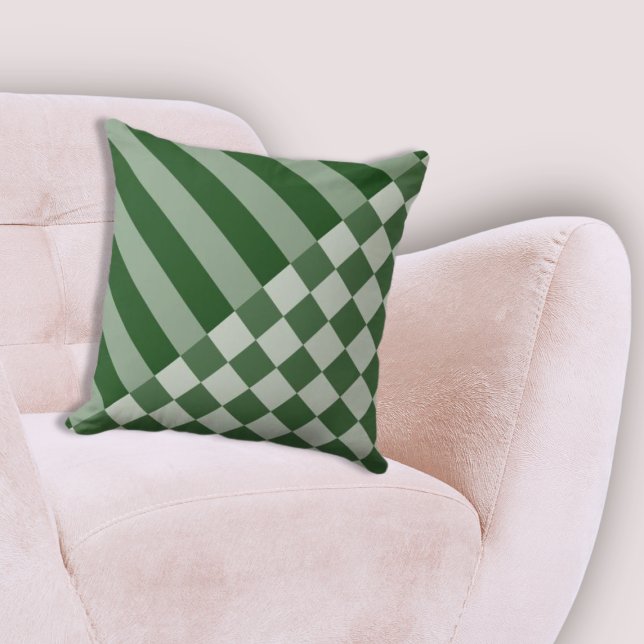 Modern Geometric Stripe & Chequered Forest-Green Throw Pillow (Modern Geometric Stripe & Checker Forest-Green Throw Pillow)
