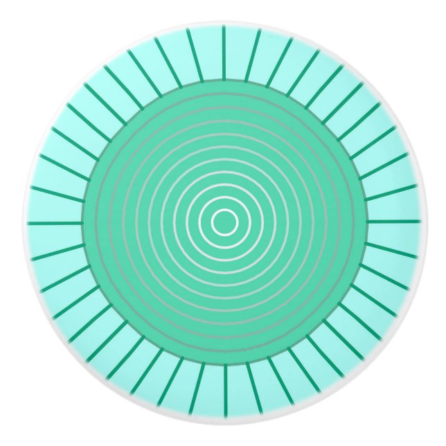 Modern Geometric Sunburst - Aqua and Seafoam Green Ceramic Knob (Front)