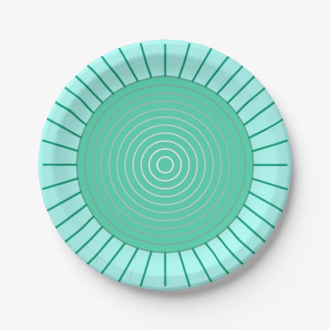 Modern Geometric Sunburst - Aqua and Seafoam Green Paper Plate (Front)