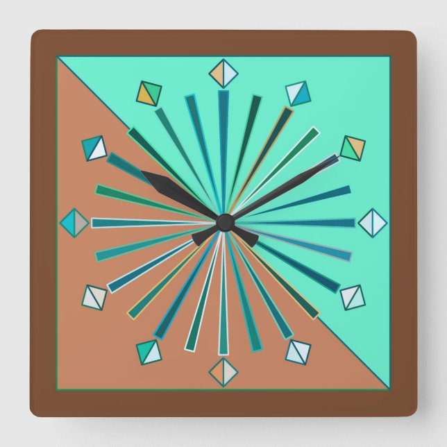 Modern Geometric Sunburst, Aqua & Chocolate Brown Square Wall Clock (Front)