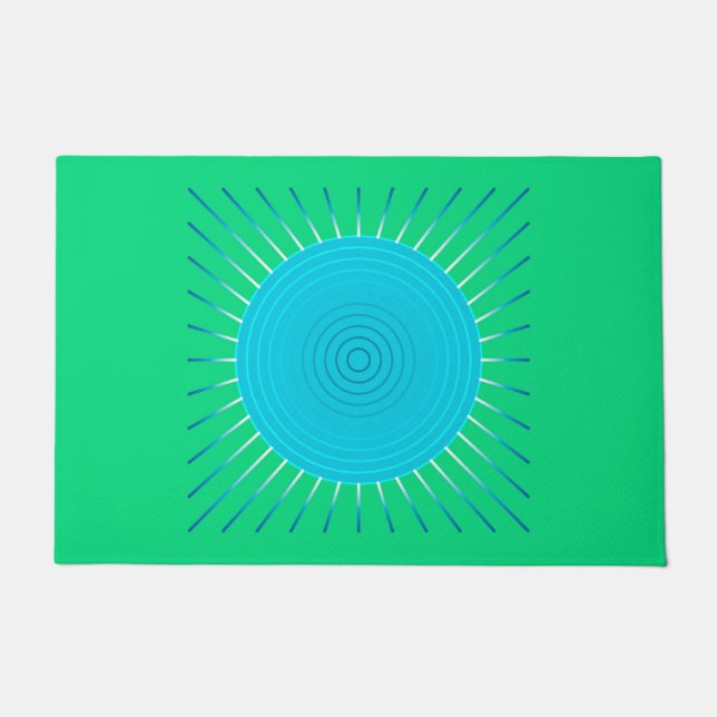Modern Geometric Sunburst, Blue and Jade Green Doormat (Front)