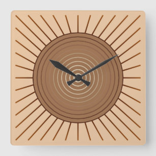 Modern Geometric Sunburst - Brown and Tan Square Wall Clock