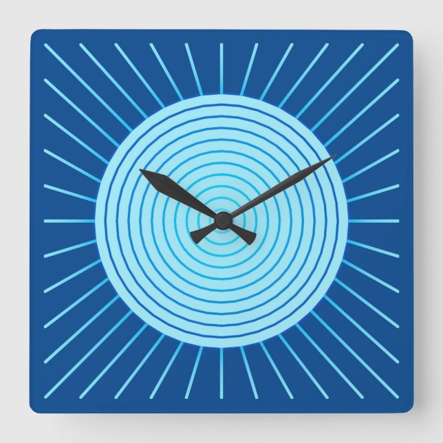 Modern Geometric Sunburst - Cobalt Blue and Aqua Square Wall Clock (Front)