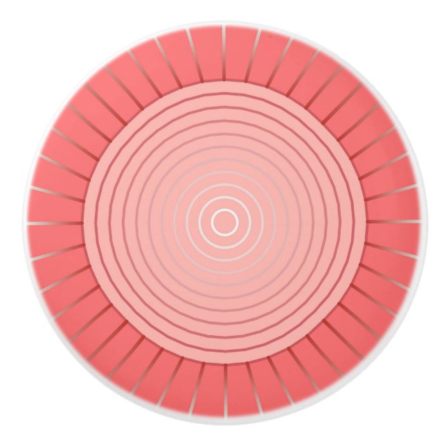 Modern Geometric Sunburst - Deep Coral Pink Ceramic Knob (Front)