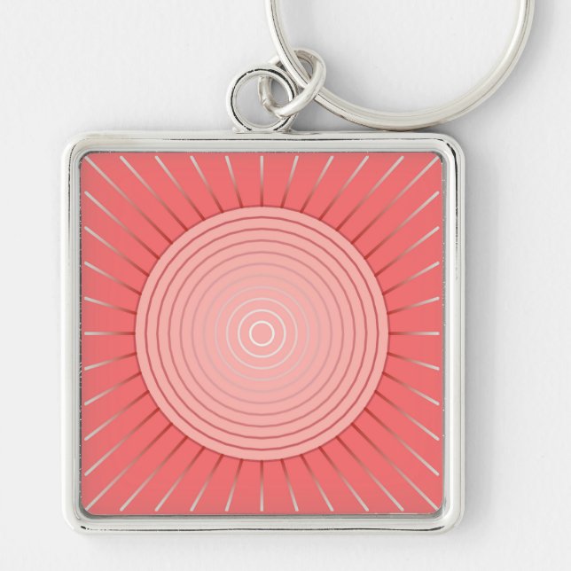Modern Geometric Sunburst - Deep Coral Pink Keychain (Front)
