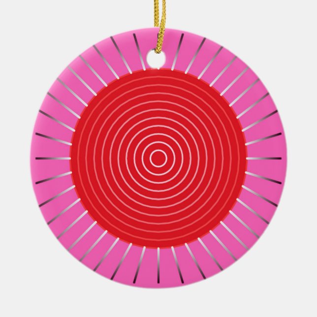Modern Geometric Sunburst - Fuchsia and Red Ceramic Ornament (Front)