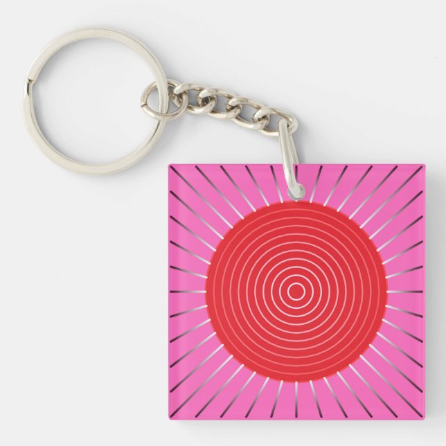 Modern Geometric Sunburst - Fuchsia and Red Keychain (Front)