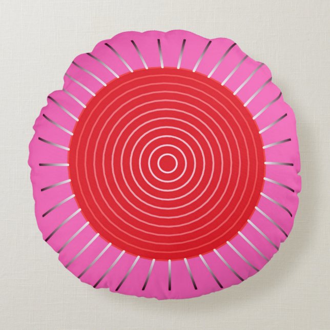 Modern Geometric Sunburst - Fuchsia and Red Round Pillow (Front)