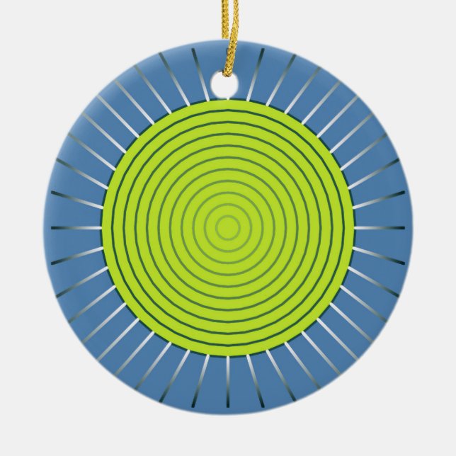 Modern Geometric Sunburst - Lime and Denim Blue Ceramic Ornament (Front)