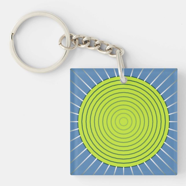 Modern Geometric Sunburst - Lime and Denim Blue Keychain (Front)