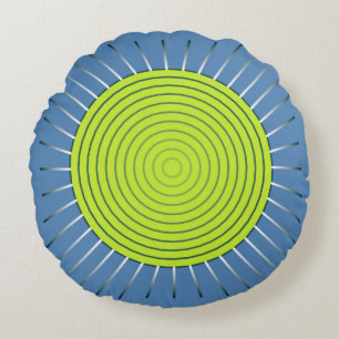 Modern Geometric Sunburst - Lime and Denim Blue Round Pillow