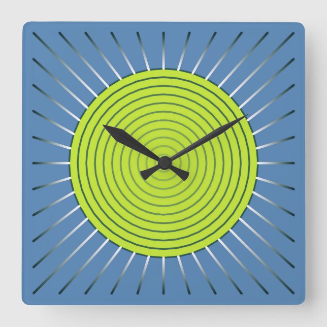 Modern Geometric Sunburst - Lime and Denim Blue Square Wall Clock (Front)