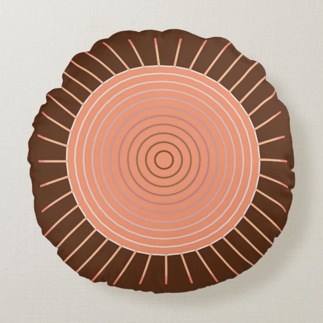 Modern Geometric Sunburst - Peach and Brown Round Pillow (Front)