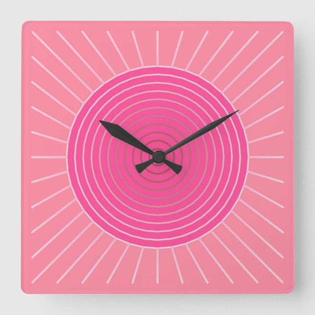 Modern Geometric Sunburst - Shades of Coral Pink Square Wall Clock (Front)