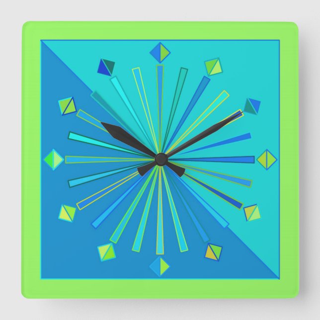 Modern Geometric Sunburst, Turquoise & Lime Green Square Wall Clock (Front)