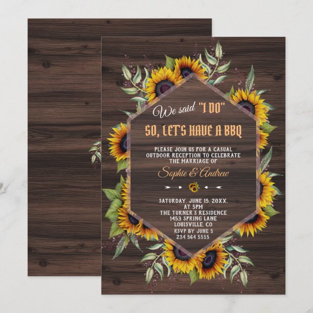 Modern Geometric Sunflowers Wood I DO BBQ Invitation (Front/Back)