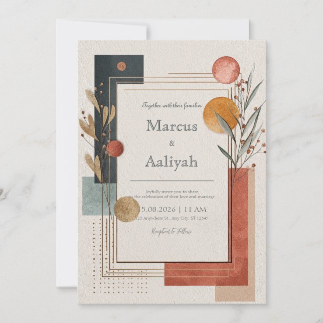 Modern Geometric Terracotta Gold Boho Wedding Invitation (Front)