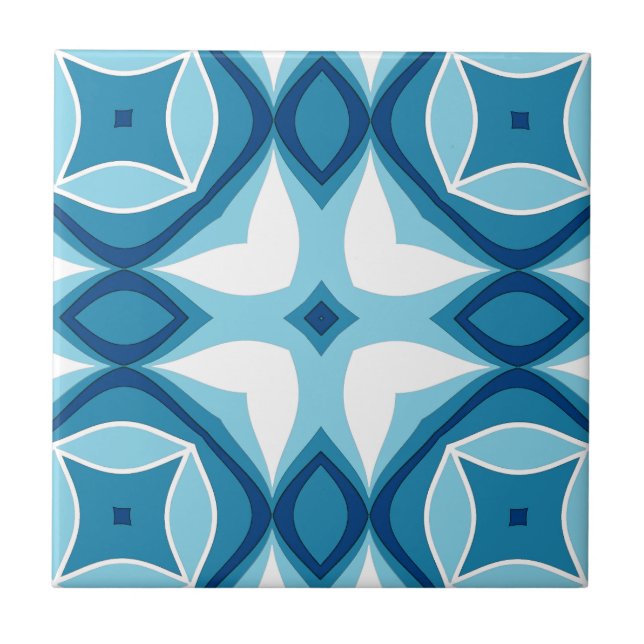 Modern Geometric Tile Pattern Denim Blue & White   (Front)