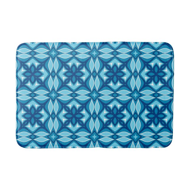 Modern Geometric Tile Pattern Shades of Denim Blue Bath Mat (Front)