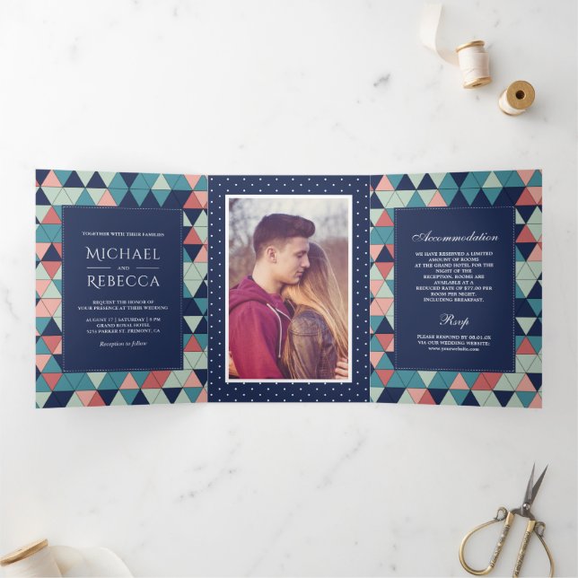 Modern Geometric Triangles Photo Wedding Tri-Fold Invitation (Inside)