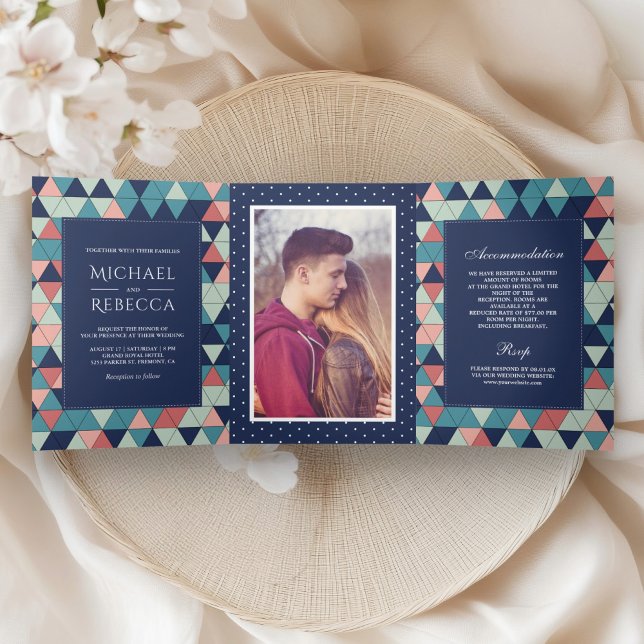 Modern Geometric Triangles Photo Wedding Tri-Fold Invitation (Creator Uploaded)