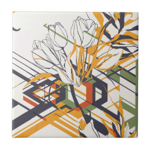 Modern Geometric Tulip Line Art Pattern (2) Tile
